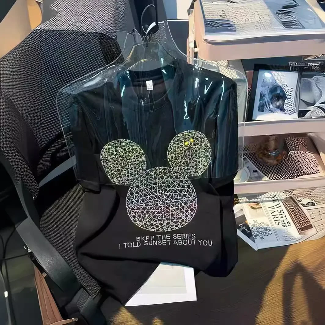 thumbnail image 1 of Camiseta de Mickey de Disney, ropa informal de verano para mujer, nueva camiseta adelgazante de manga corta con estampado de dibujos animados tachonada con diamantes de imitación, 1 of 4