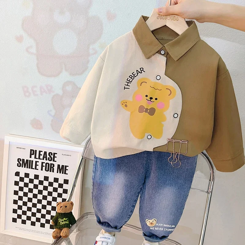 

Boys and Girls Fashion Mosaic Shirt Pants Casual Two Piece Set for Spring 2023 New Baby Cute Cartoon Long Sleeve Set