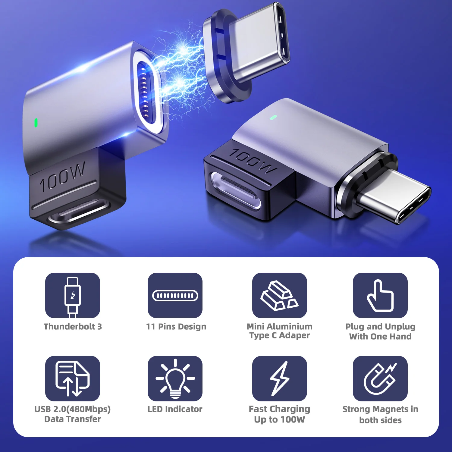 Magnetic USB C To Type C Adapter PD 100W 5A Fast Charging For MacBook iPad Pro Air