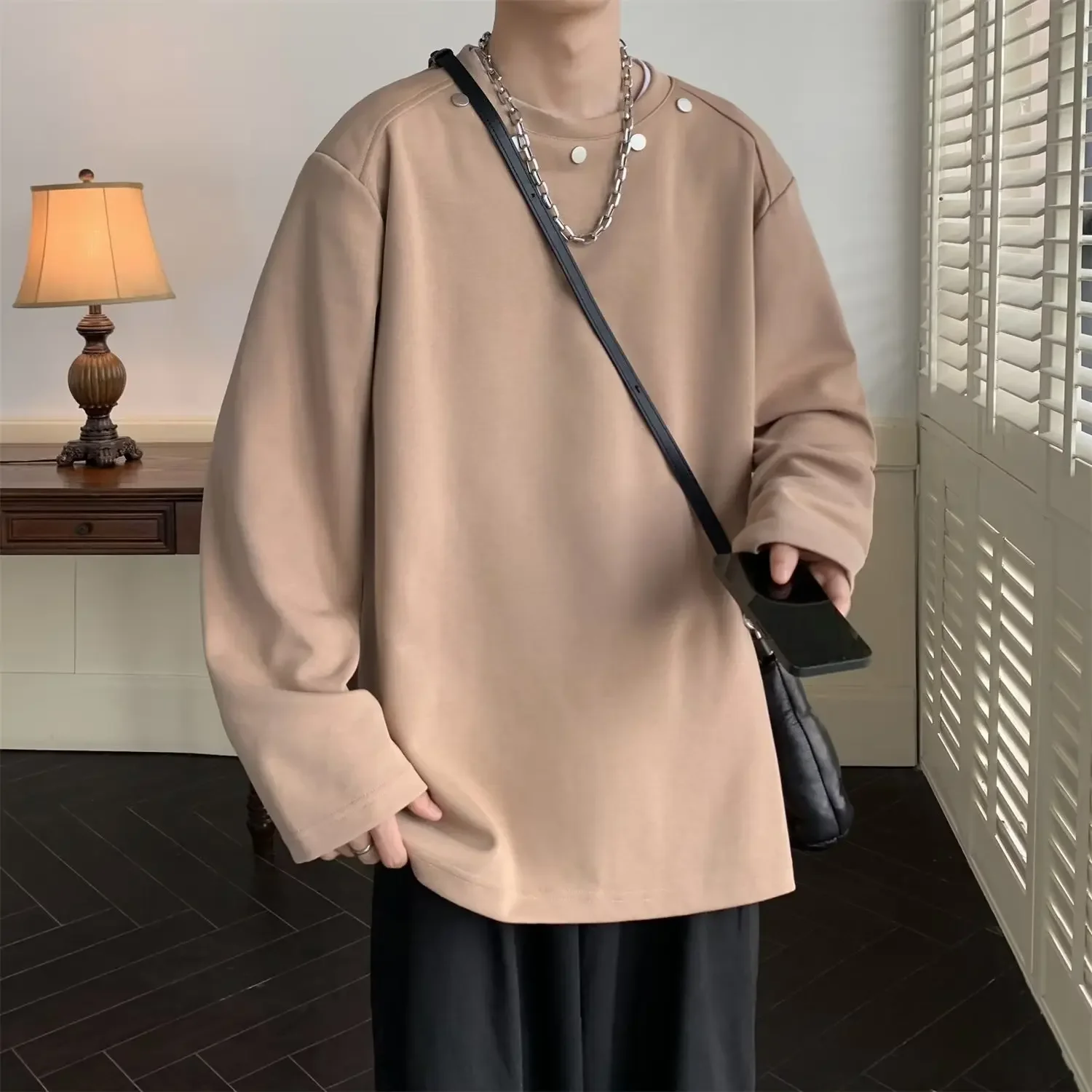 남성용 캐주얼 긴팔 티셔츠, 맨투맨 루즈핏, 트렌디, 다용도, 우아한 상의, 용수철 가을, 패셔너블한 신상 풀오버