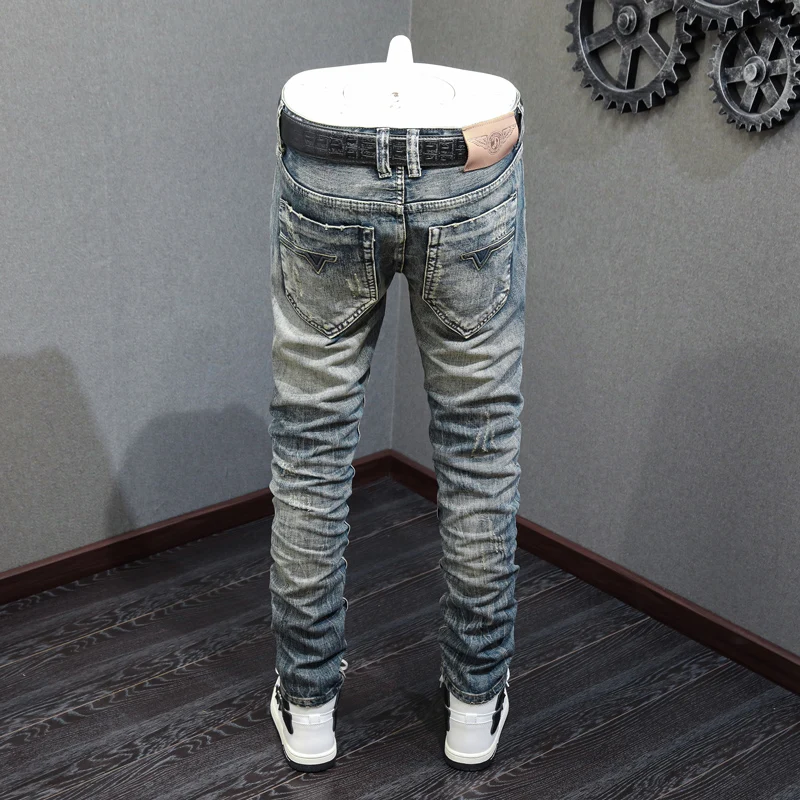 High Street Fashion Men Jeans Retro Washed High Quality Destroyed Patched Ripped Jeans Men Slim Fit Vintage Designer Pants Homme