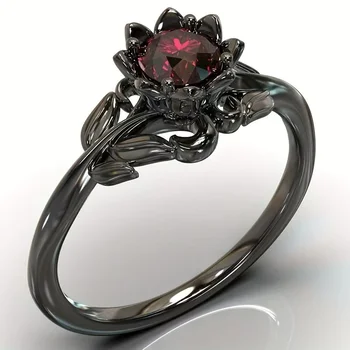 LATS Black Color Flower Red Stone Rings for Women Charm Jewelry Accessories Rose Ring Party Gift 1
