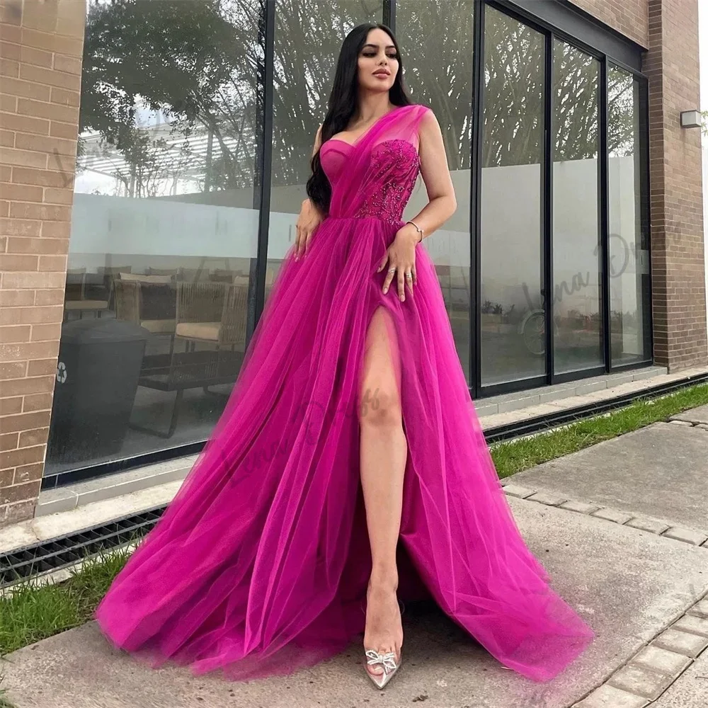 

Lena-Purple Pink One Shoulder Side Split Prom Dress 2024 Chest Shining Sequin Sheer Ball Dress