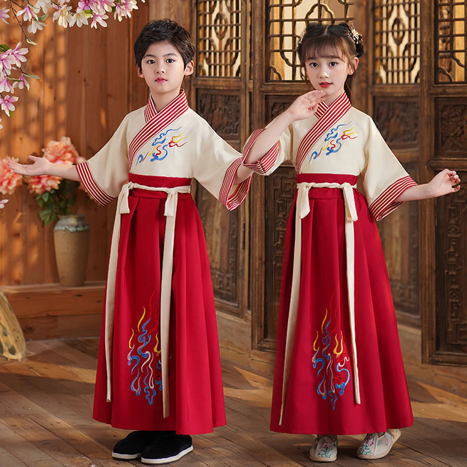 

Chinese Traditional Hanfu Dress Suit for Boys and Girls 3/4 Sleeve Tops Long Skirts Belt Embroidery Chinese Style Ethnic Outfits
