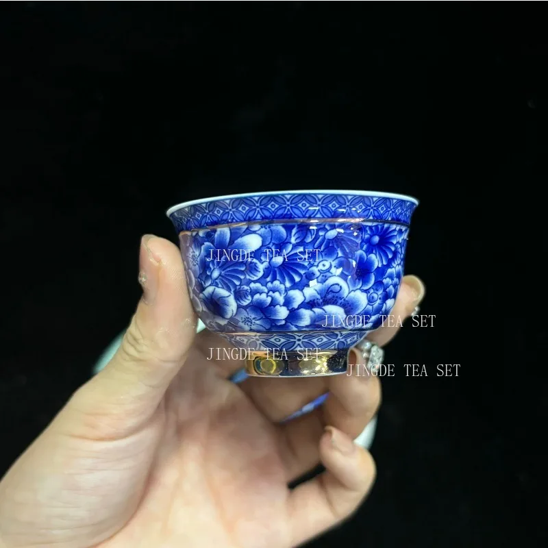 Retro Blue and White Porcelain Tea Cup Chinese Jingdezhen Small Tea Bowl Gold-banded Ceramic Teacup Coffee Mug Home Drinkware