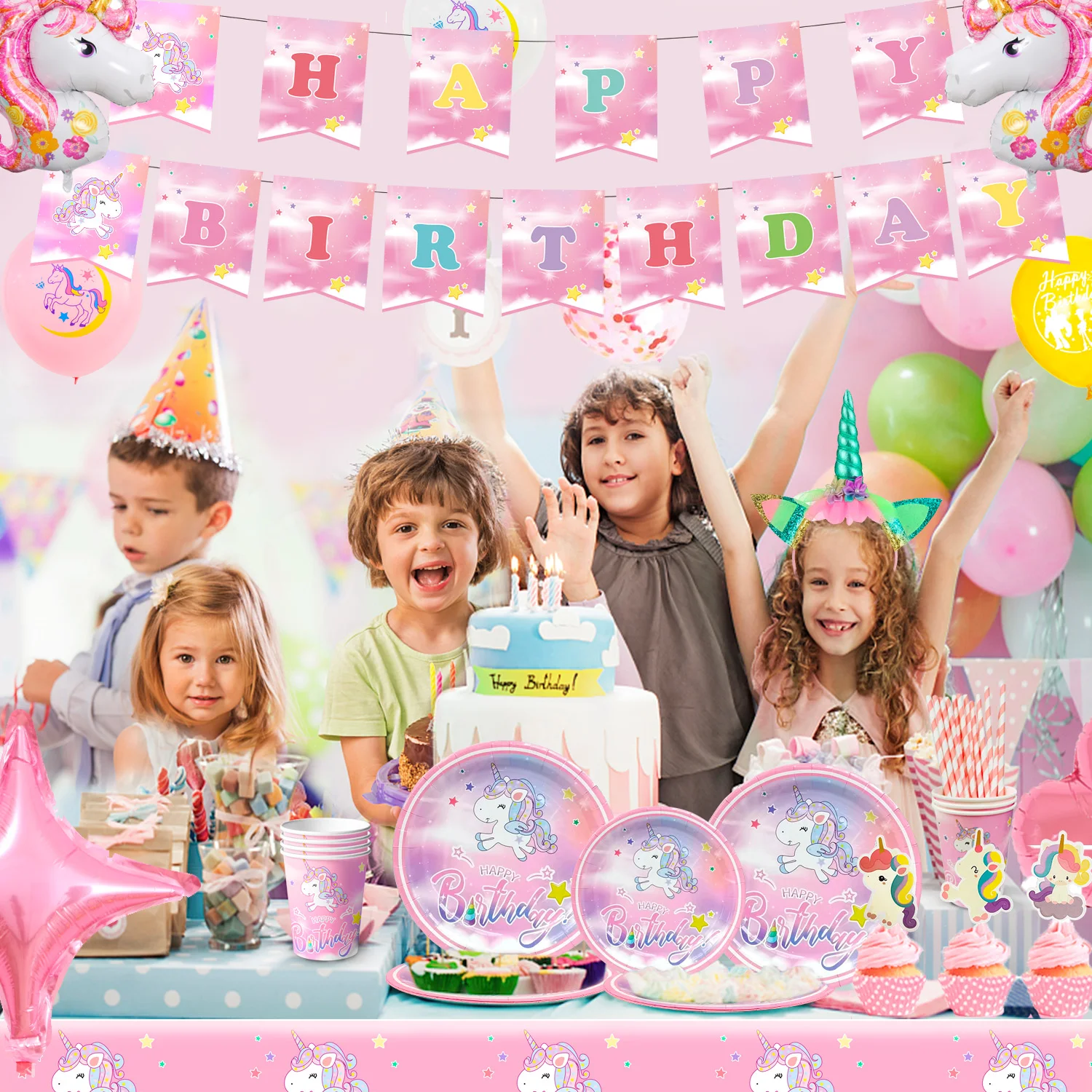 Unicorn Birthday Party Supplies,116pcs Decorations&Birthdays Tableware Set-Unicorn Party Plates Napkins Table Cloth etc 4