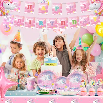 Unicorn Birthday Party Supplies,116pcs Decorations&Birthdays Tableware Set-Unicorn Party Plates Napkins Table Cloth etc 4
