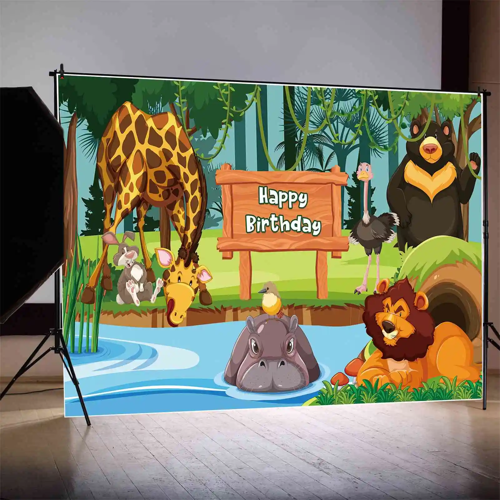Moon.Qg Sfondo Buon Compleanno Baby Safari Party Background Jungle Forest Animal Ippopotamo Struzzo Bear Decor Puntelli Fotografici