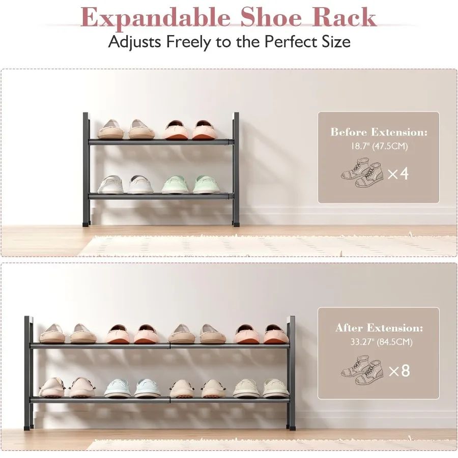 2Tier Expandable Shoe Rack for Closet 1833 Adjustable Shoe Rack for Small Space Small Shoe Organizer for Front Door Sturdy Meta