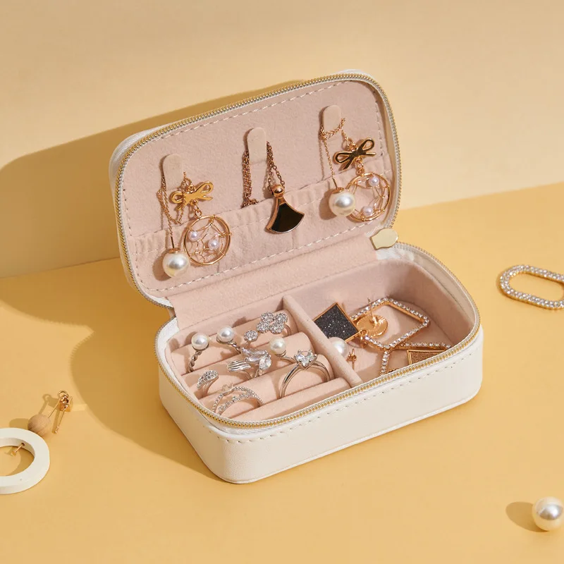

Portable Jewelry Box Necklace Earrings Organizer Display Travel Jewelry Case Boxes Waterproof Leather Storage Zipper Jewelers