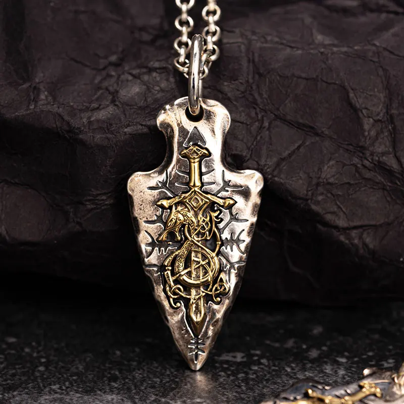 

925 Silver Nordic Viking Silver Necklace Dragon Sword Pendant Silver Welded Copper Rune Fashion Jewelry