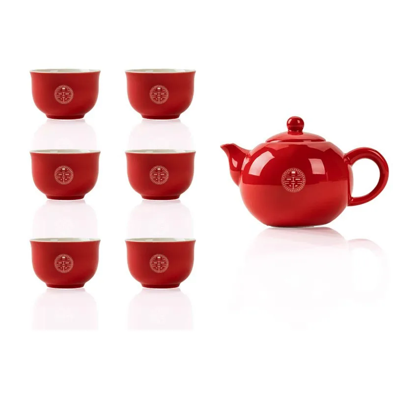 "Traditional Chinese Wedding Tea Ceremony Set - Red Double Happiness Tea Cups with Golden Tray, Bridal Dowry Gift for Newlyweds