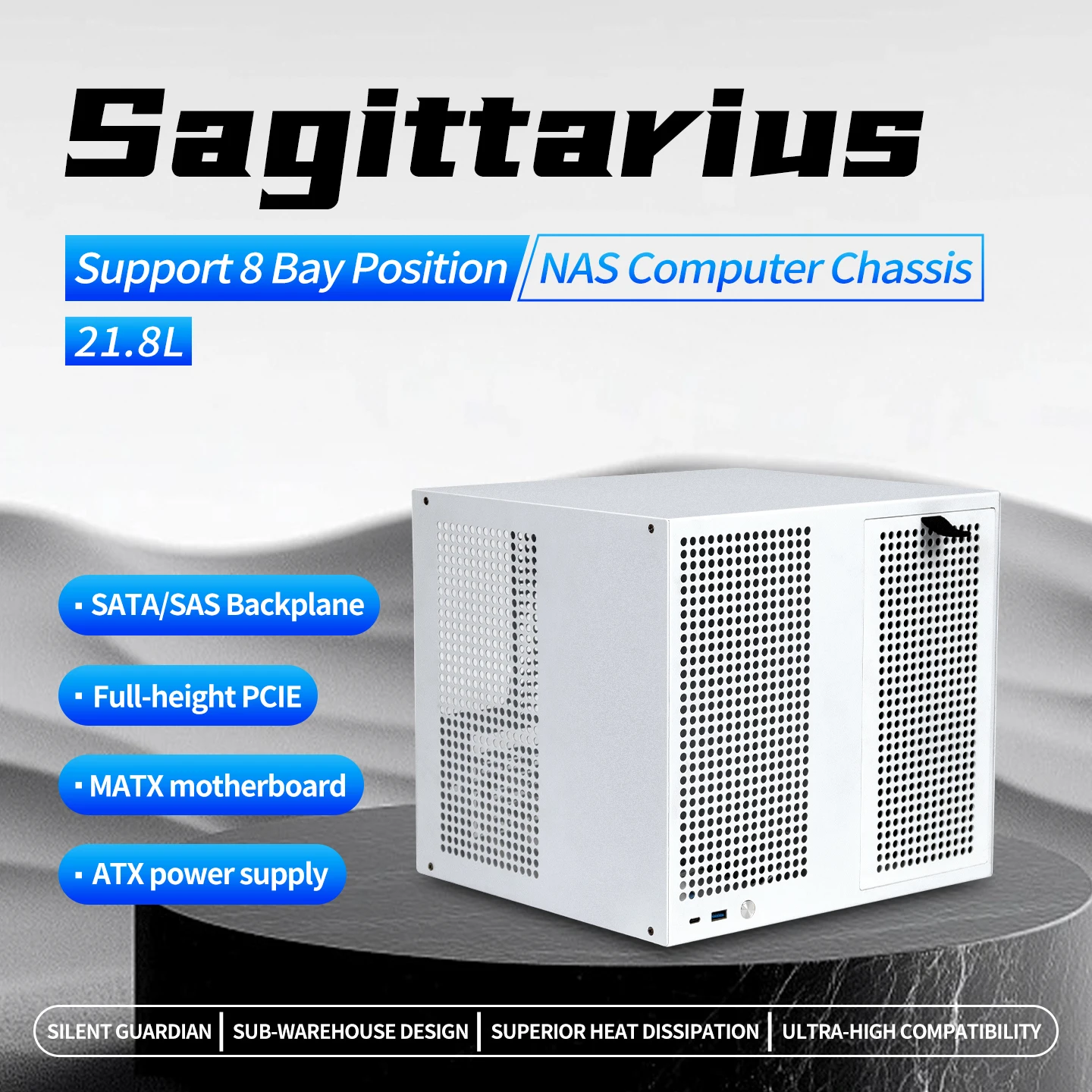 Sagittarius 8 Bay Position NAS Computer Chassis, SATA/SAS Backplane | Full-height PClE | MATX Motherboard | ATX Power Supply