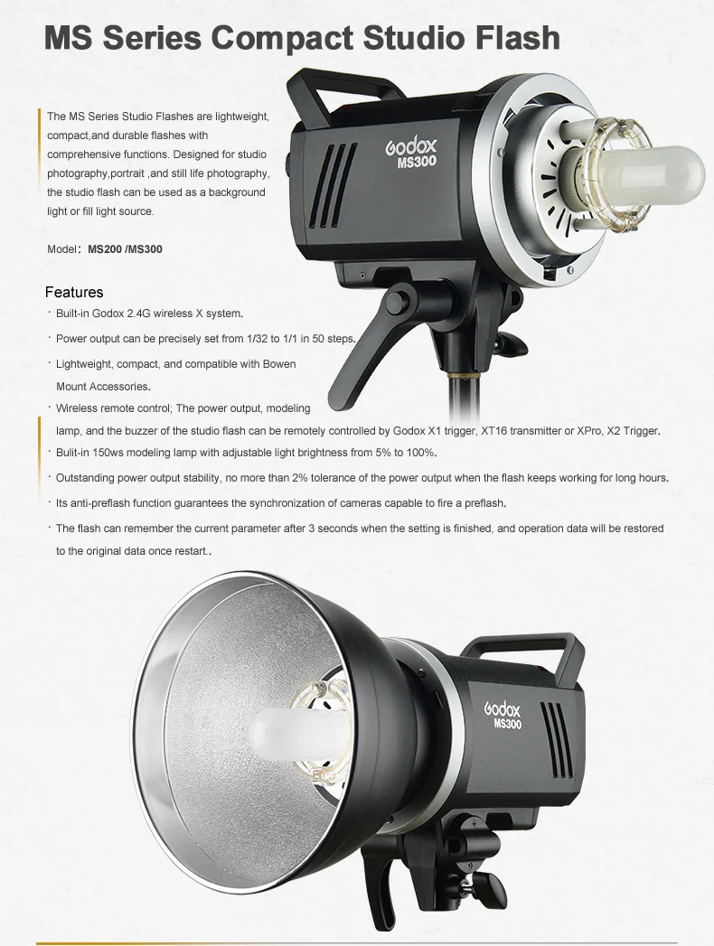 Godox 200W MS200 or 300W MS300 Studio Flash 2.4G Built-in Wireless Receiver Ligh