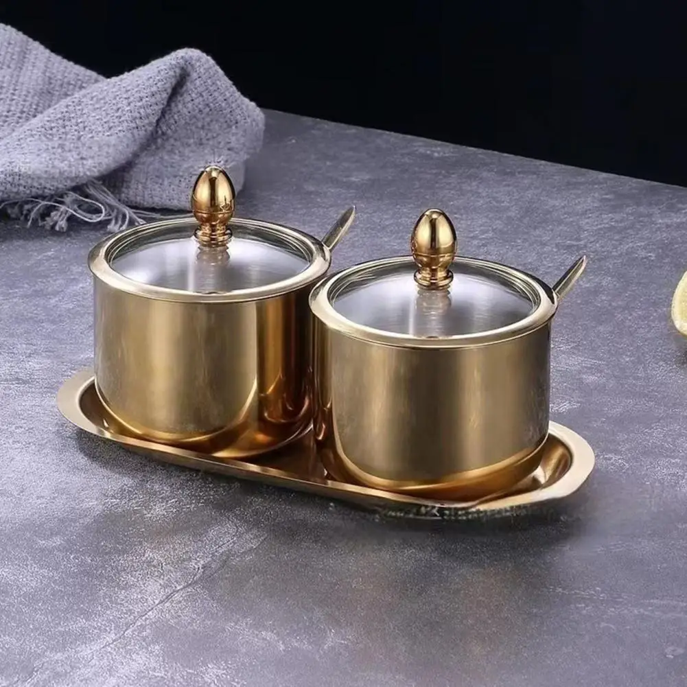 1/2/3Pcs Seasoning Jar Stainless Steel Container With Glass Lid And Spoon Kitchen Countertop Coffee Bar Sugar Bowl For Spices