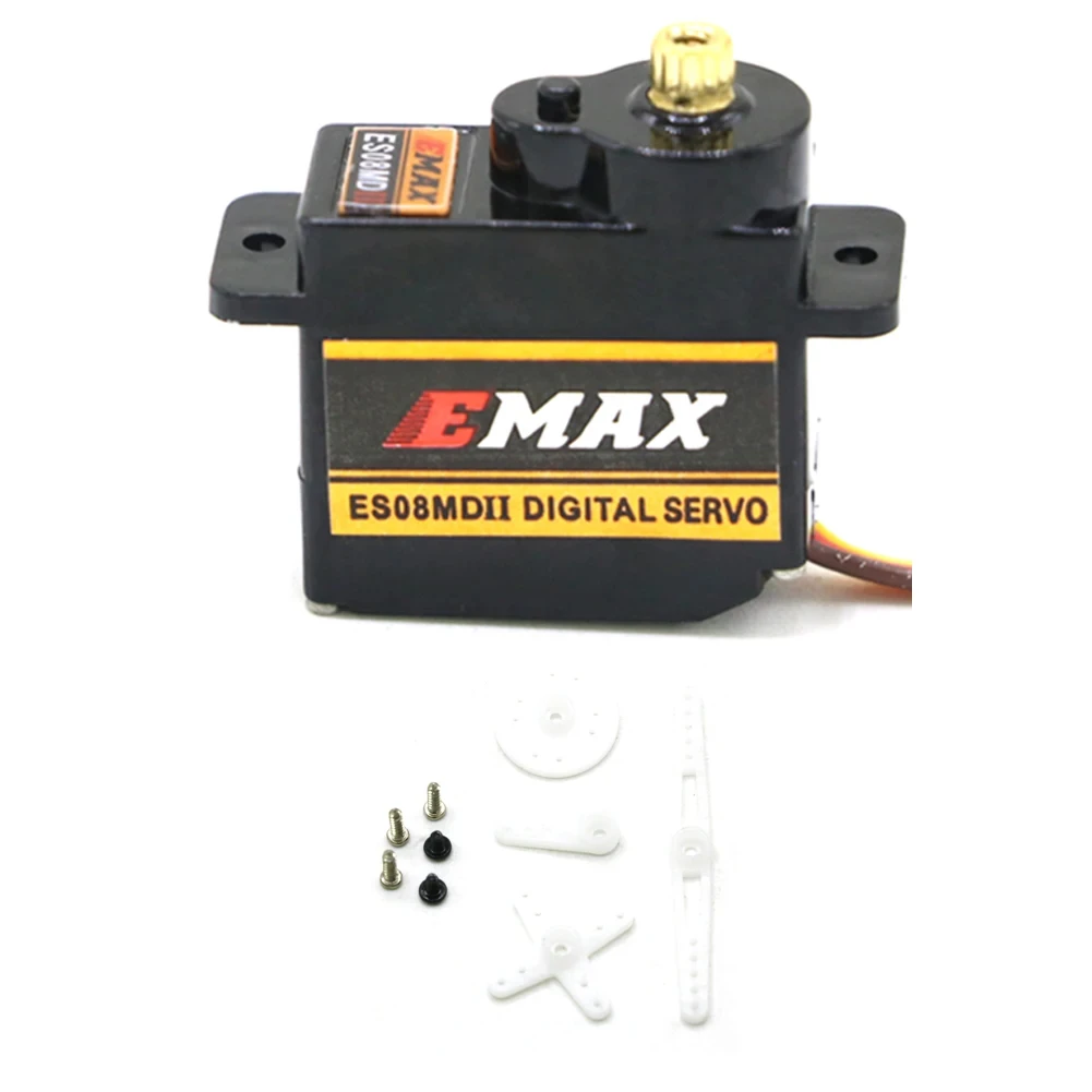 Servomoteur ES08MD pour drone RC, monté sur un bras de drone avec vis de fixation.