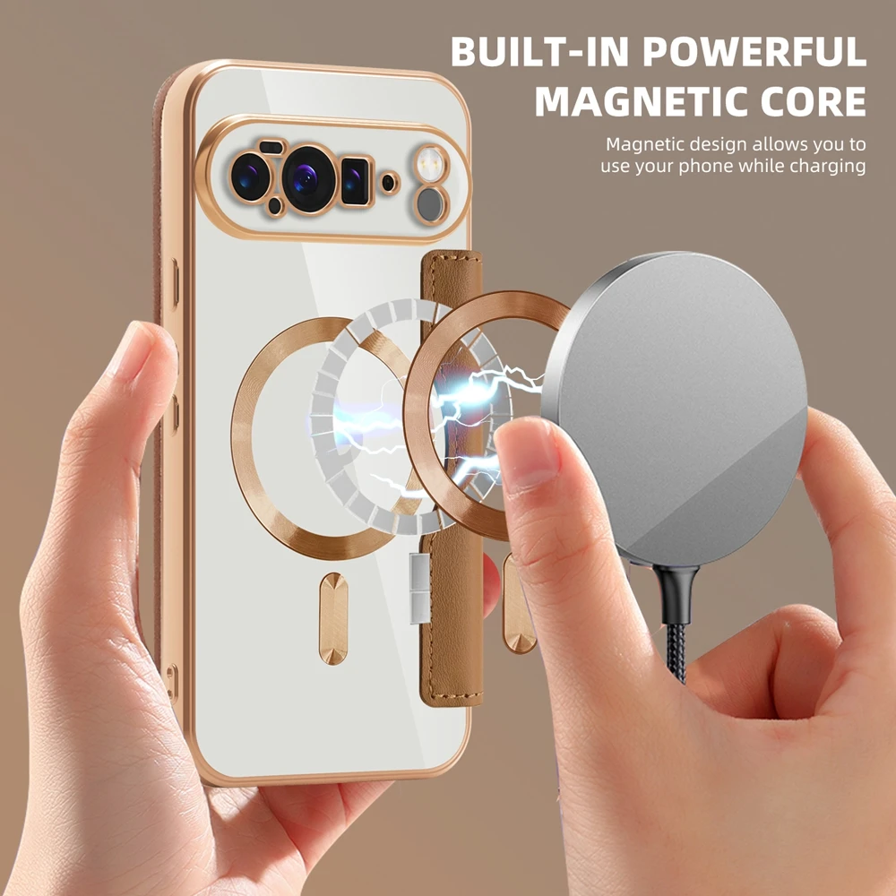 Enhanced Wireless Charging Magnetic Wallet Case with Card Slots and Anti-Fall Leather Design