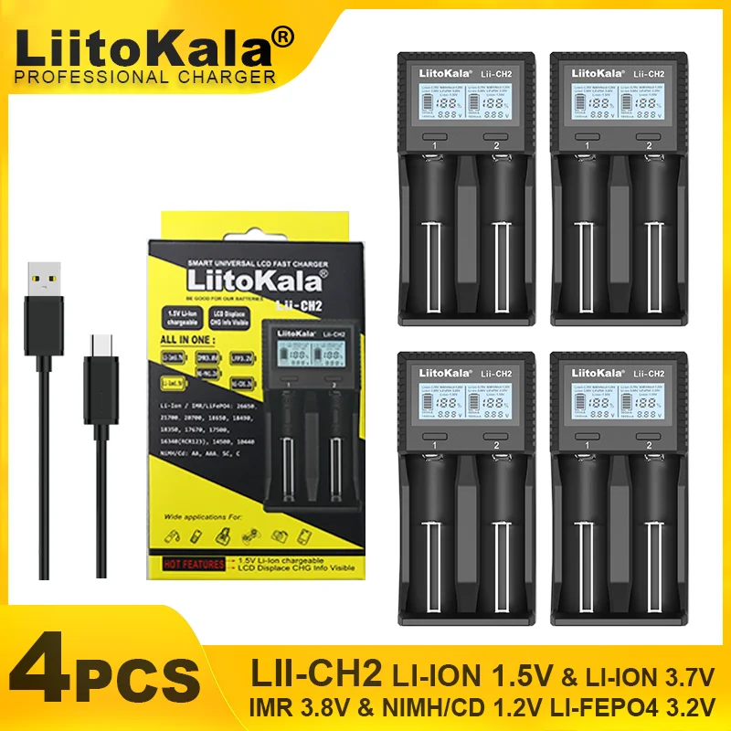 

4PCS LiitoKala Lii-CH2 1.5V AA AAA Li-ion Lithium Rechargeable Battery Smart Charger For 3.2V 3.7V 18650 21700 26650 26700