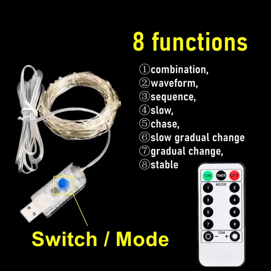 20m/10m Remote Control LED Fairy String Lights - 8 Function USB Decorative Lighting