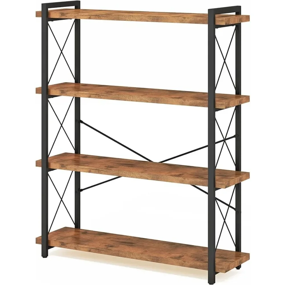 Bookshelf, 4-Tier Industrial Bookcase, Rustic Open Book Shelf, Freestanding Tall Bookshelves with Metal Frame