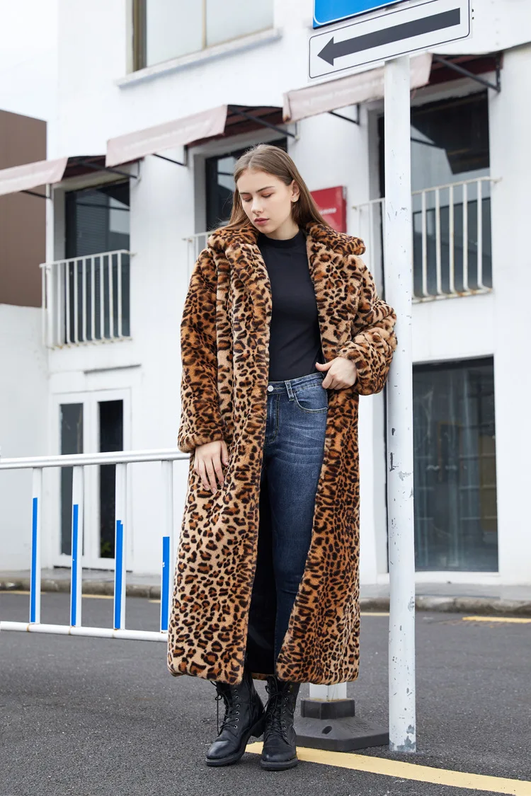 2024 High Street Leopard Print Long Faux Fur Coat Fuzzy