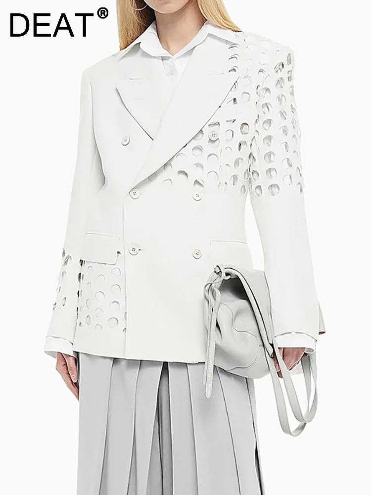 

Женский двубортный Блейзер DEAT, однотонный пиджак с отложным воротником и вырезами, весна 2024