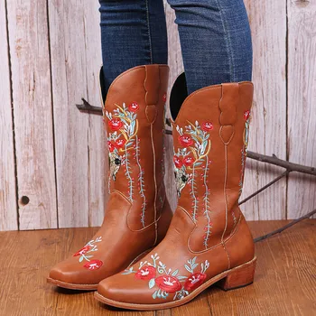 Vintage Cowboy For Womens Cowgril Boots Western Sunflower Motorcycle Boots Embroidered Boots women's boots 5