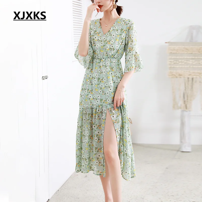 

XJXKS 2023 Summer New Fashion V-neck Mid-sleeve Split Women's Dress High Quality Print Temperament Vestidos