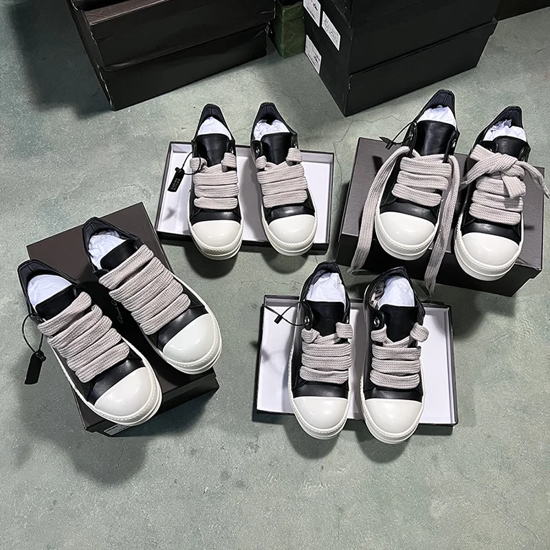 

RO Thick Sole Ricks Genuine Leather Black Casual Shoes Men Owens Jumbo Lace Bread Increase Height Luxury Sport Sneakers Women