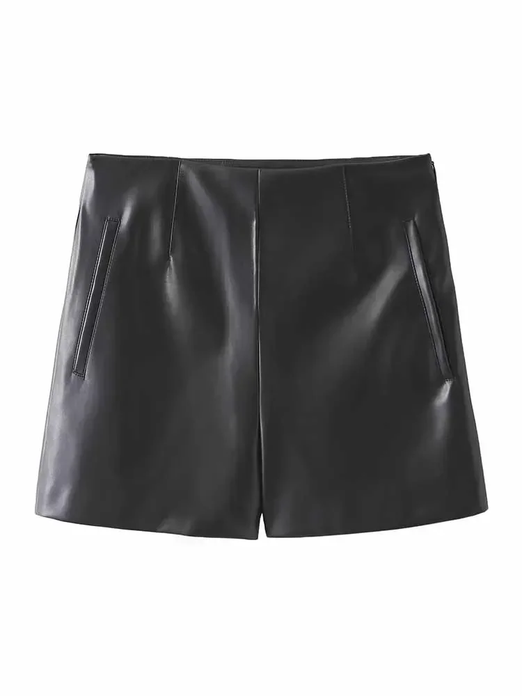 

Women New Chic Fashion Side Pockets decoration Casual Faux leather Shorts Vintage High Waist Side Zipper Female Skorts Mujer