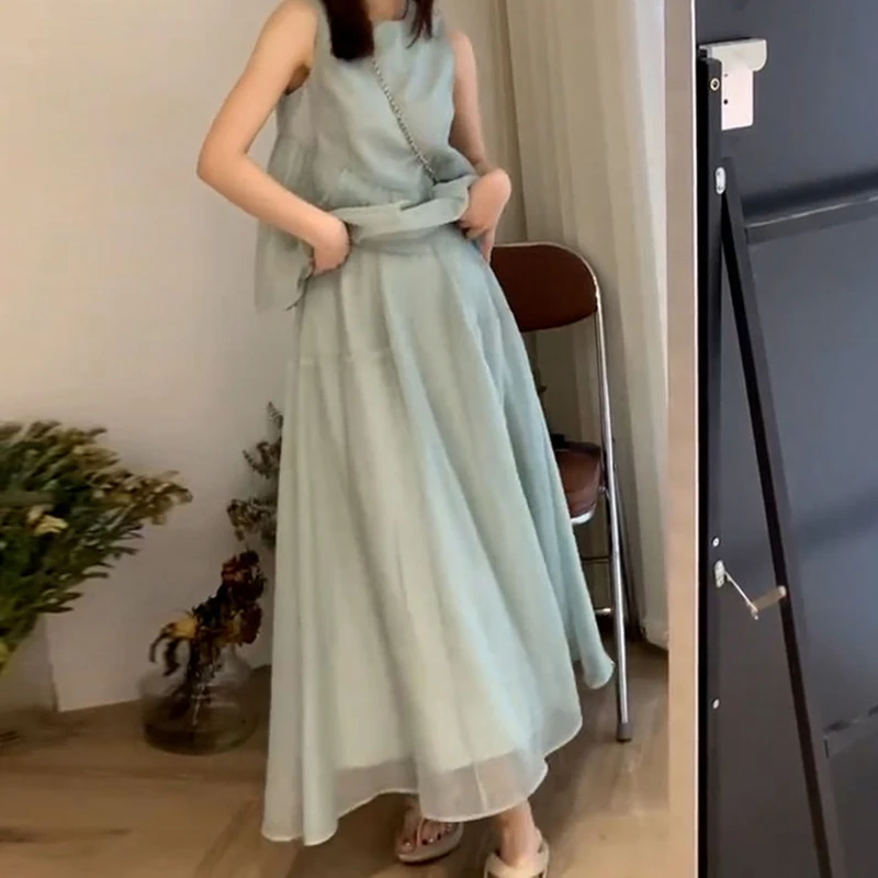 

Cold and watery blue skirt suit Women's 2024 Summer New Age-reduced Doll Shirt Vest Super Fairy Skirt Two-piece suit