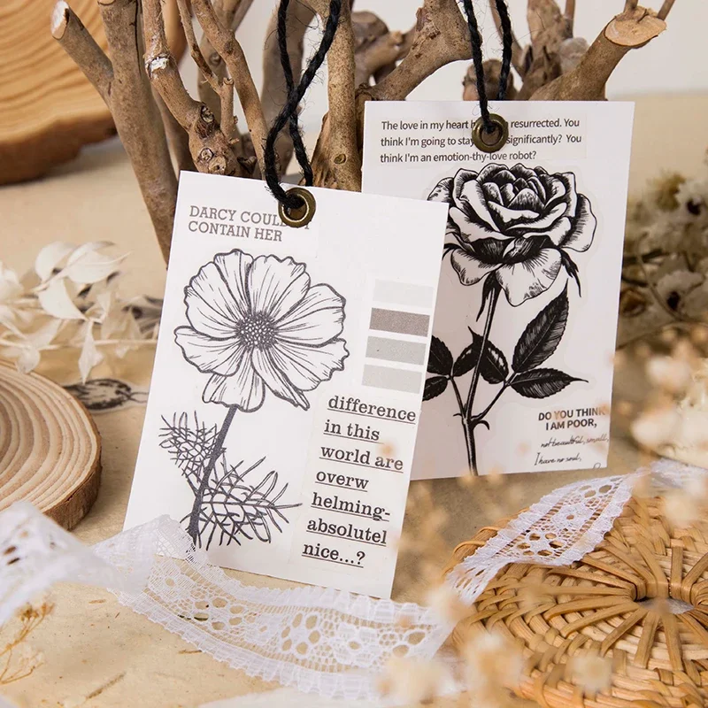 20/pcs Vintage Black White Plants Craft Stickers Junk Journal Retro Diary Album Scrapbooking Decorative Mushroom Daisy Stickers