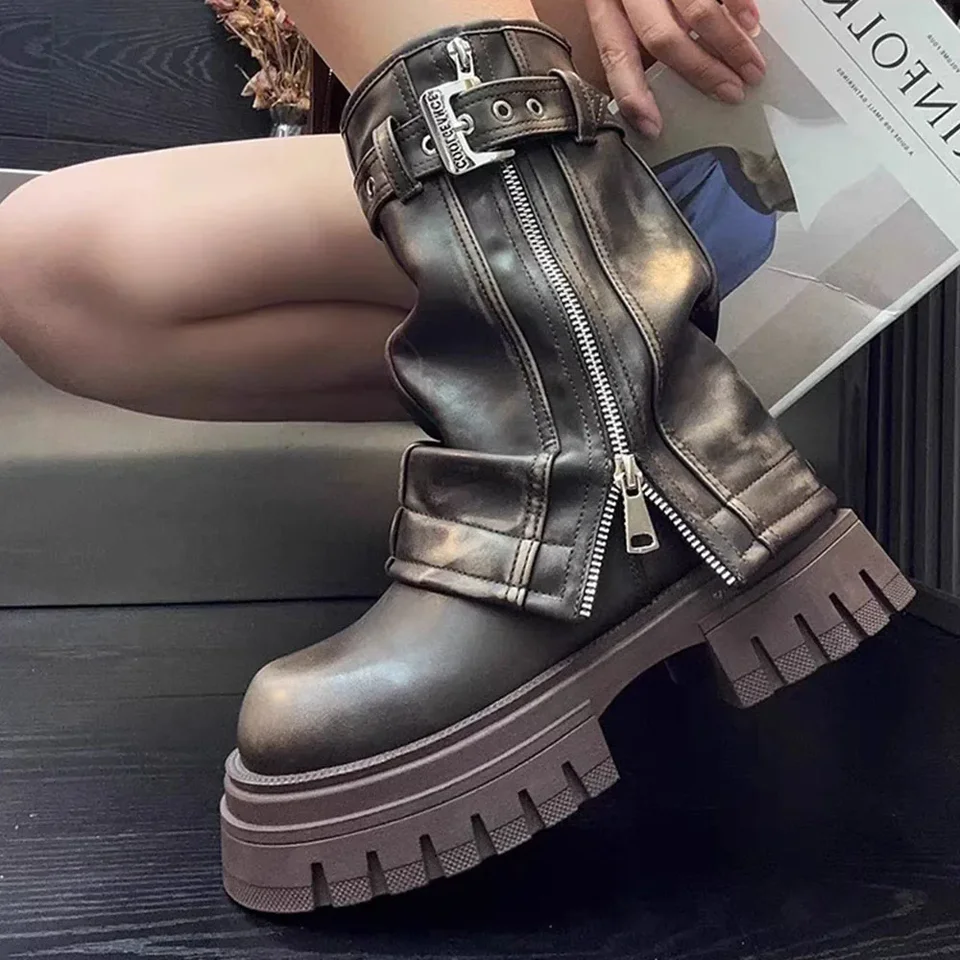 2024 Punk Platform Fold Ankle Boots for Women Belt Buckle Cool