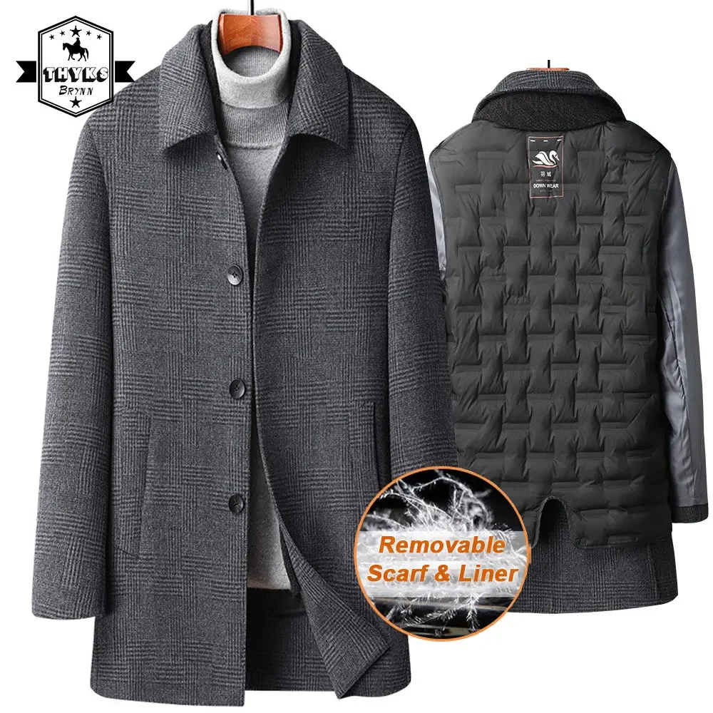 

Men Long Wool Coat Winter Down Liner Jacket Big Size 6XL Lapel Cashmere Windbreaker Business Trench Overcoat Scarf Warm Outwear