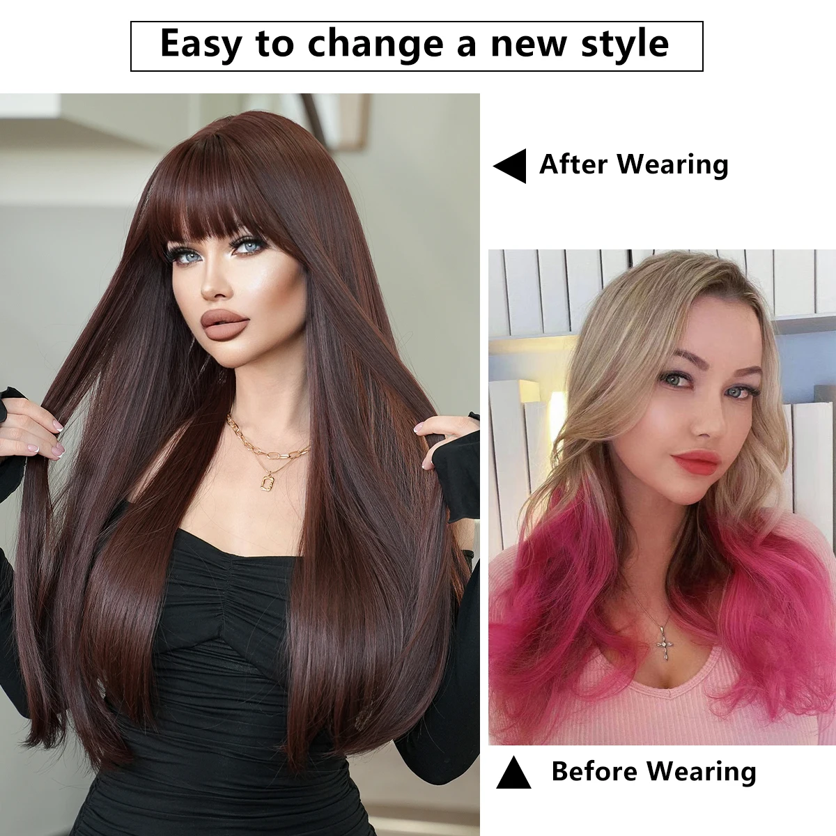 NAMM Long Straight Red Brown Wig for Woman Daily Cosplay wig Synthetic Layered hai Wigs for Daily Use Heat Resistant Fiber