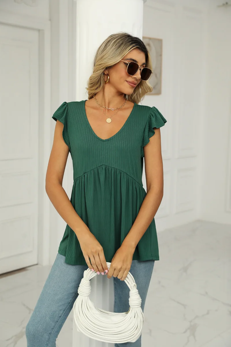 Summer Cute Babydoll Bloues Flare Tunic Loose Peplum Pleated V Neck Short Sleeve Plain Woman Tshirts Knit Rib T Shirt Tees Top