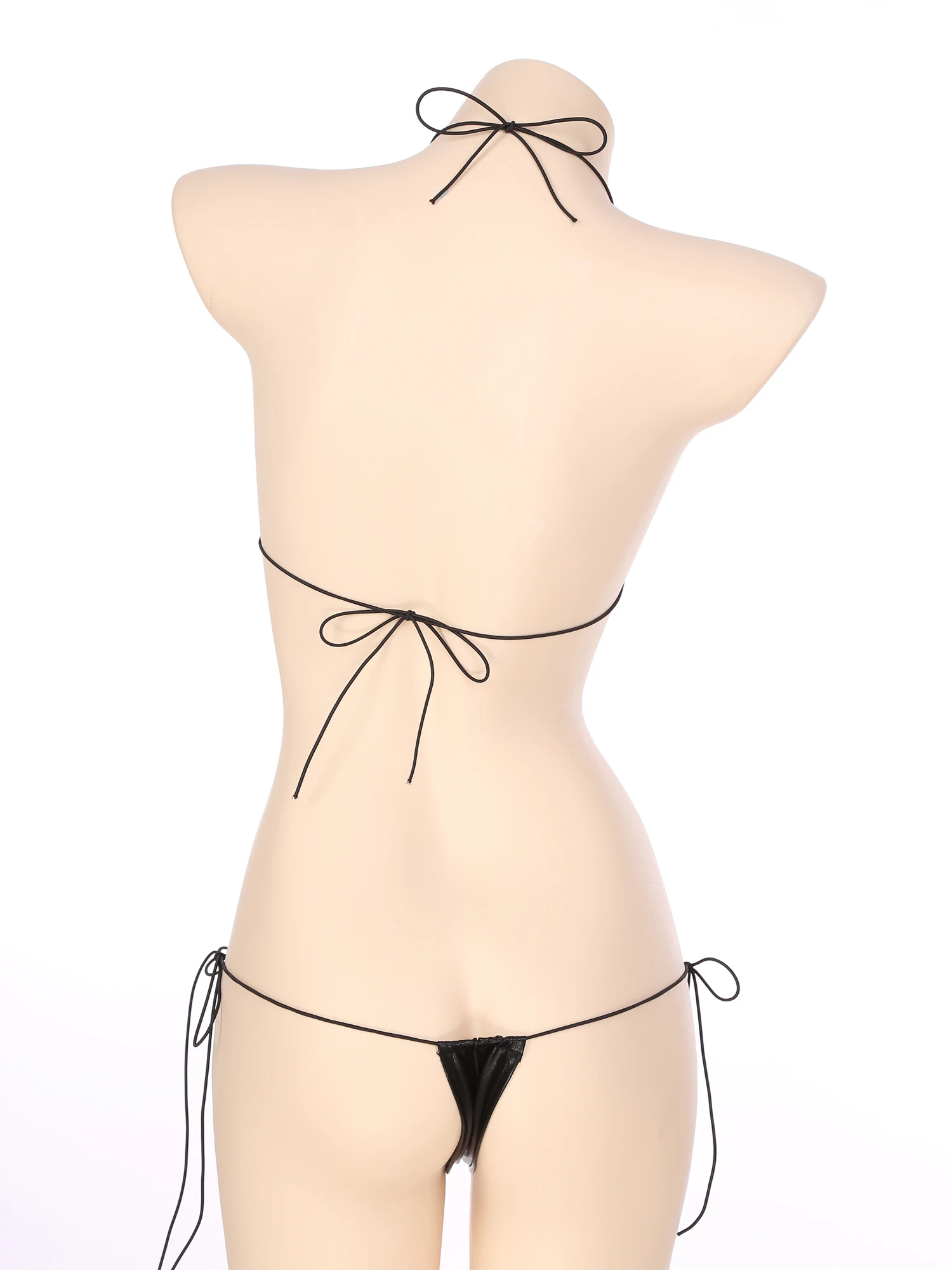 Womens Patent Leather Micro Bikini Set Wet Look Two-Piece Lingerie Suit Halter Lace-up Bra with Low Rise G-string - Image 4