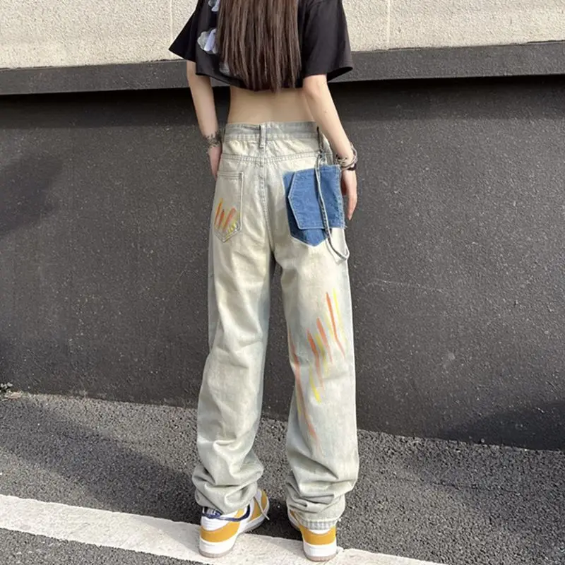 Deeptown Hippie Grunge Graffiti Baggy Jeans Women Kpop Streetwear Chain Oversize Denim Pants Korean Fashion Wide Leg Trousers