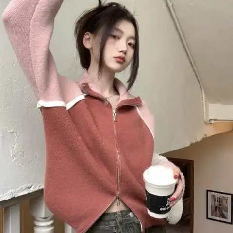 용수철 한국 스타일 여성 프린트 스웨터, 캐주얼 루즈 지퍼, 루즈 니트 가디건, 스웨터 의류, V07, 가을, 2023 신상