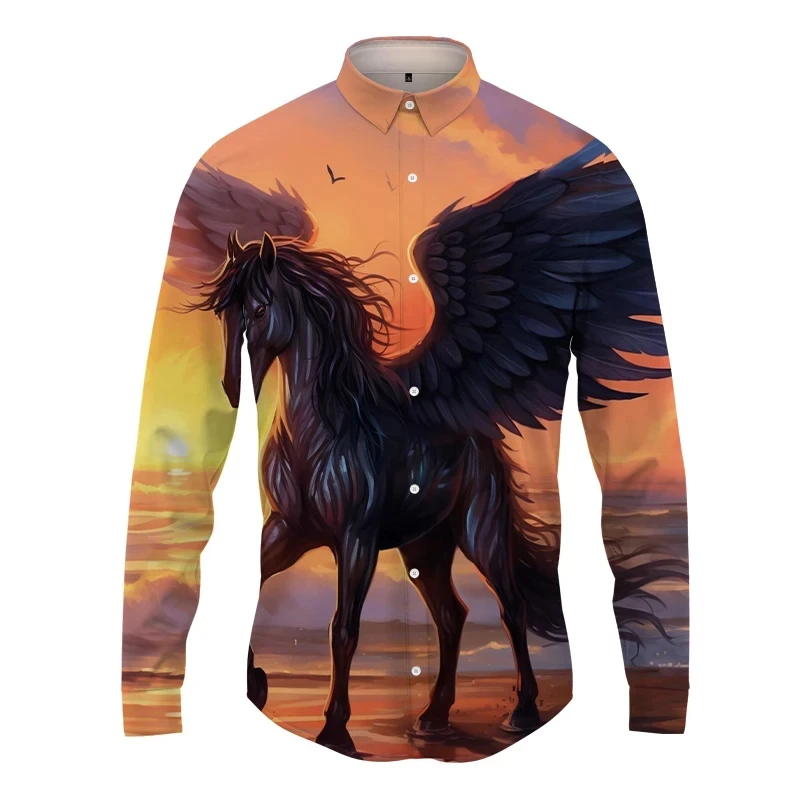 

Рубашка Pegasus с отворотом для мужчин и женщин, Повседневная модная рубашка с длинным рукавом, на пуговицах, с 3D принтом, уличная одежда оверсайз