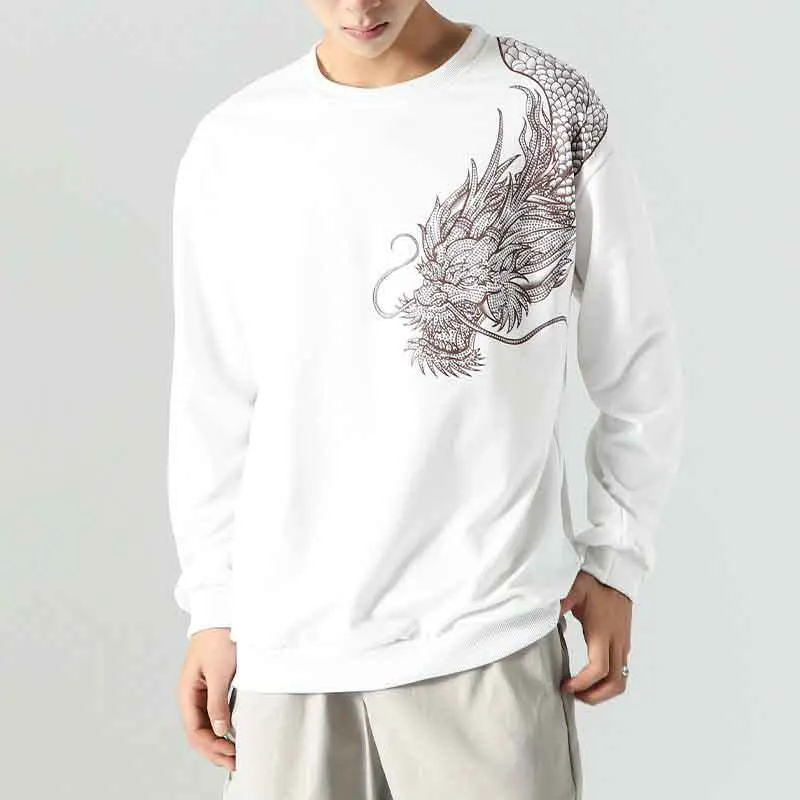 

Spring Summer Hot Stamping Dragon Print Long Sleeve Men O Neck T Shirt Fashion All-match Harajuku Oversized Clothing Black White