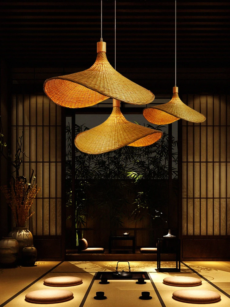 

Bamboo staircase, chandelier, tea room, Zen living room, Japanese dining room, retro lamp, wabi-sabi style, homestay, straw hat