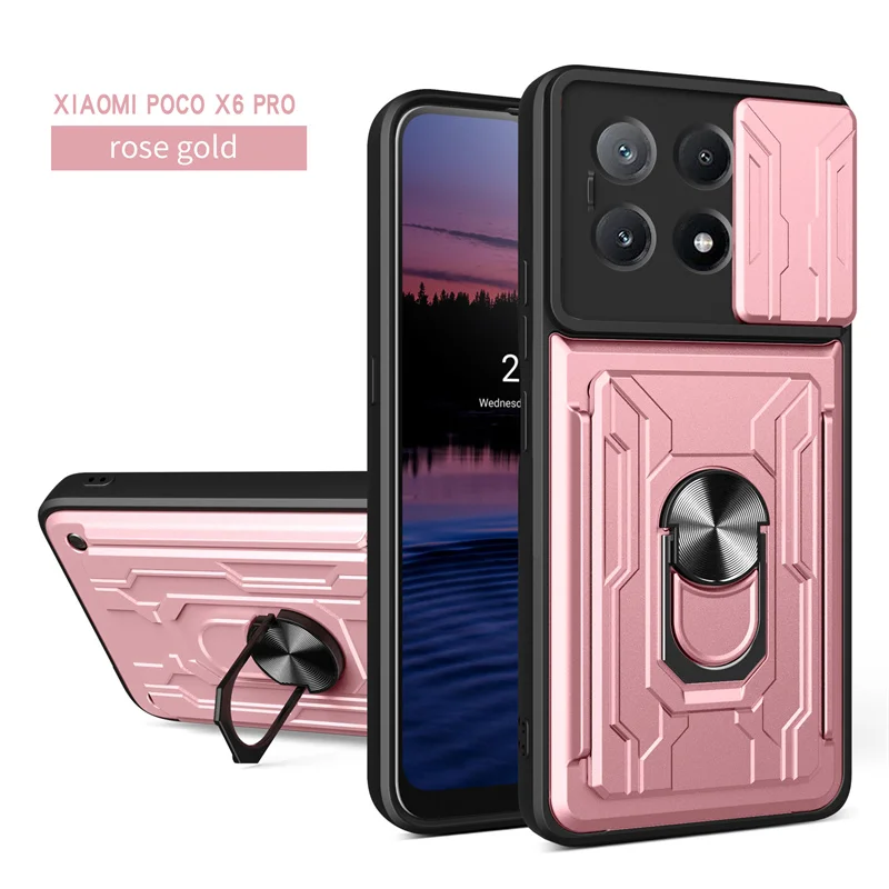 Slide Lens Protect Armor Phone Case with Card Slot & Bracket - Durable Back Cover