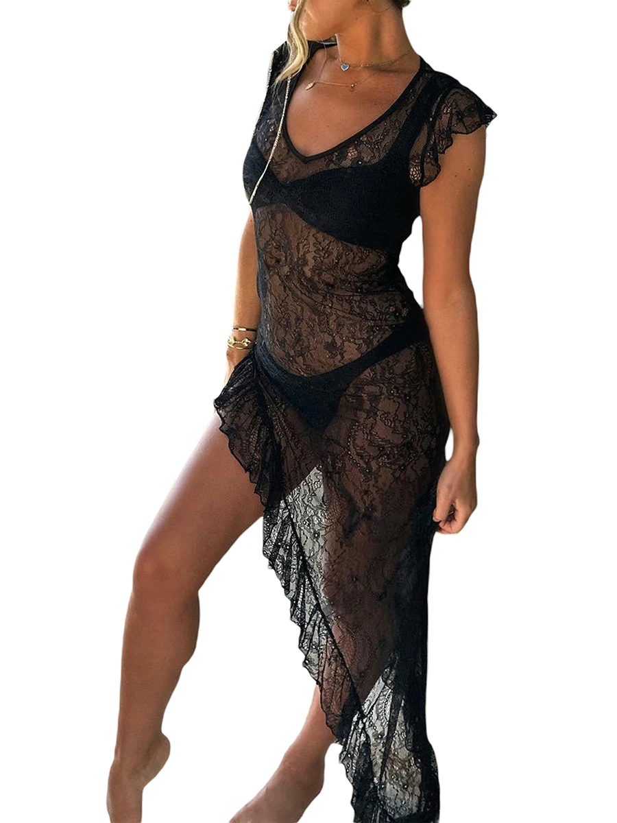 

Women Y2k Lace Sheer Dress Fly Sleeve V-neck See-through Asymmetric Dress Slim Fit Long Dress