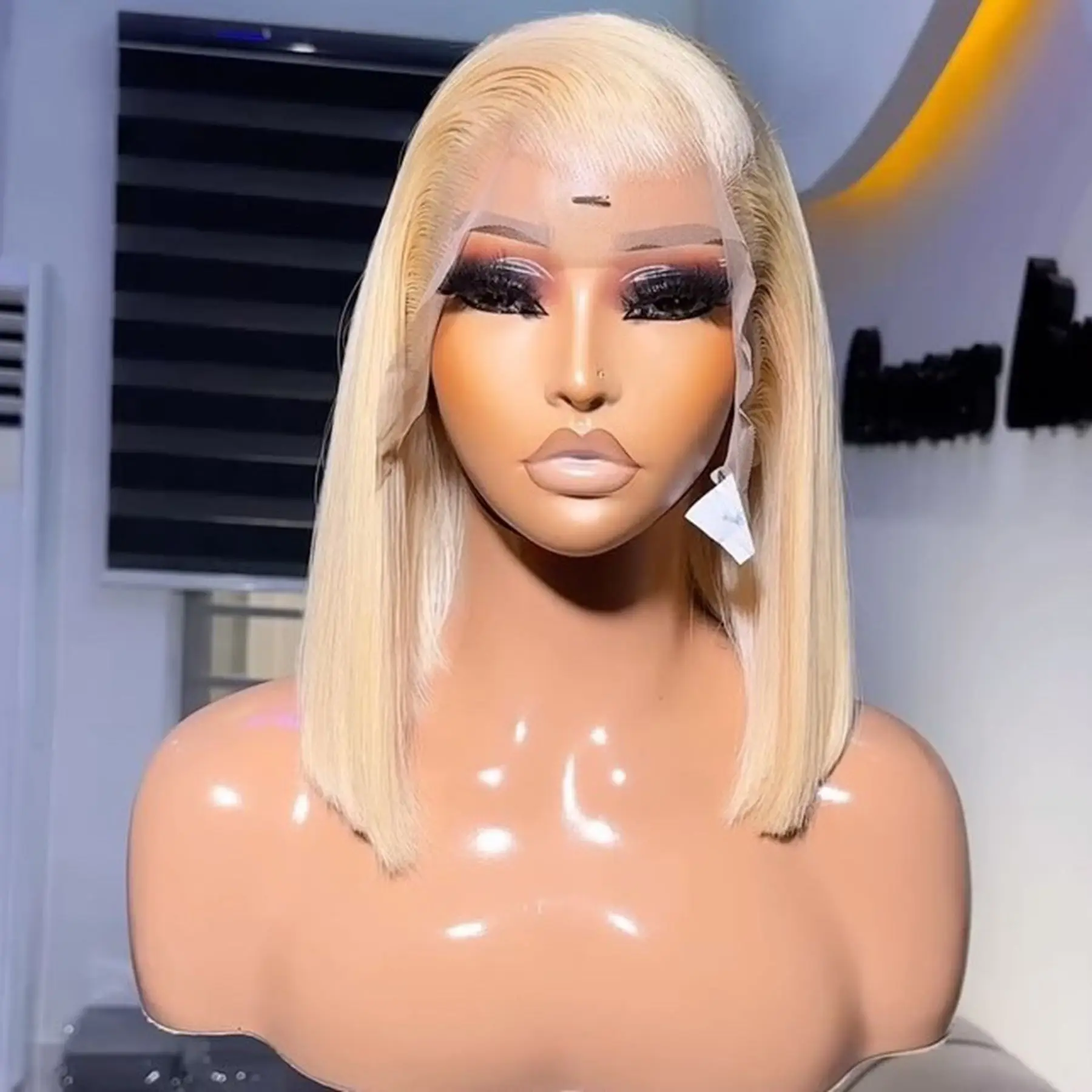 Short Bob Straight 613 Honey Blonde Color 13X4X1 Lace Front Wig Black Color Synthetic Wigs Prepluck With Baby Hair Bleach Knots
