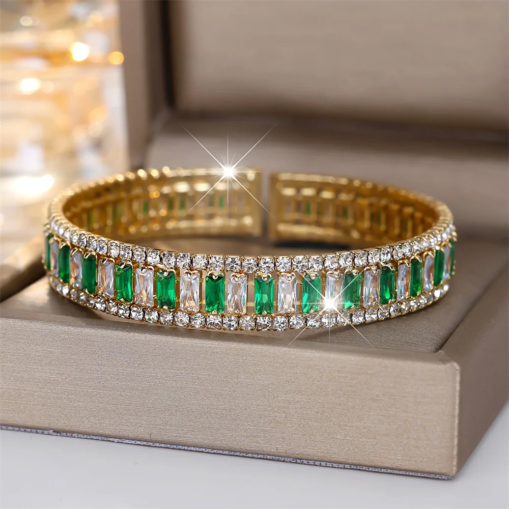Square Stone Green Crystal Fashion Rhinestone Bangle Bracelets For Women Trendy Gold Color White Zircon Bracelet Wedding Jewelry