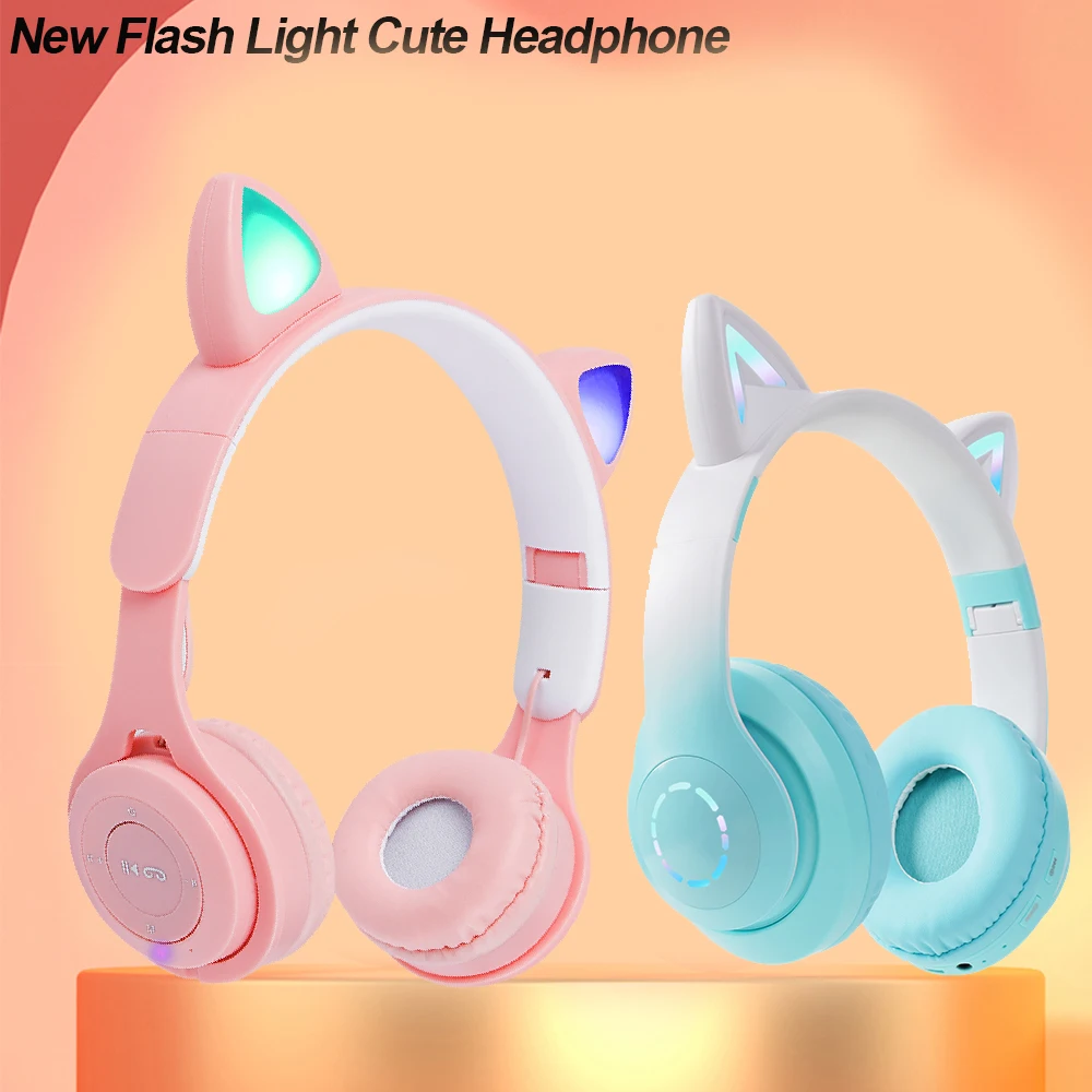 Flash Light Cute Cat Ears Wireless Bluetooth Headsets with Mic LED Stereo Music Phone Headphones TWS Earphones for Girls Gifts