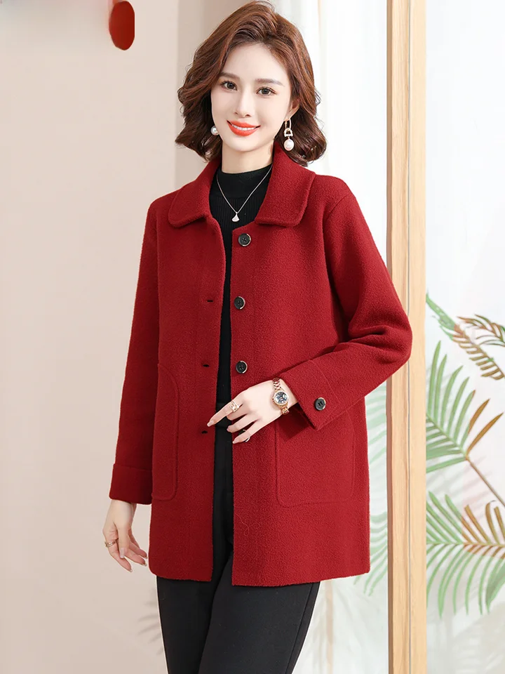 Henghuan Xiangmom 봄 양면 울 탑 2024 새로운 스타일 중년 노인 여성 의류 자른 모직 자켓