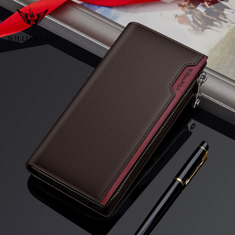 WILLIAMPOLO Men's Wallet Long Style 100% Cow Leather Fashion Business High Quality Clutch Wallet Card Holder Coin Zipper Purse 4