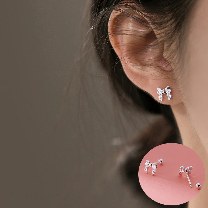 

100% 925 Sterling Silver Zircon Bowknot Earrings for Women Girl Fashion Simple Small Design Jewelry Party Gift Dropshipping